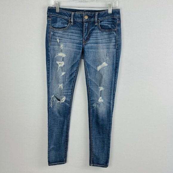 AE American Eagle Womens 6 R Jegging Super Stretch Destroyed Whiskered Jeans - Picture 1 of 9